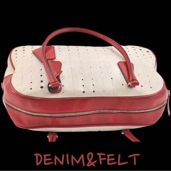 Prada Vintage White/ Red Leather 2000’s Bowling Bag/Perforated Vitello Bag |RARE - Picture 6 of 16